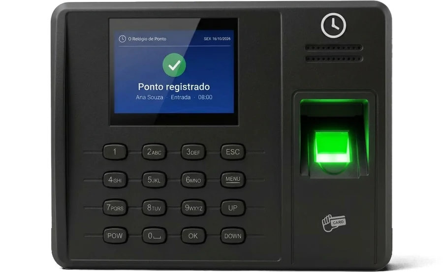 Relógio de ponto biométrico O Relógio de Ponto, visto de frente, com tela, teclado e leitor de digital